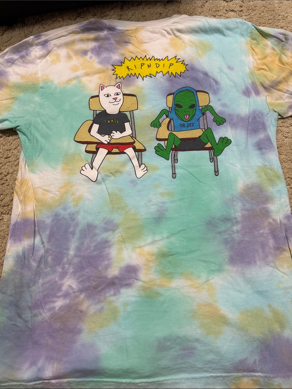 Ripndip Pastel Tie-Dye Cat & Alien Graphic Tee - Mint, Lavender, Yellow